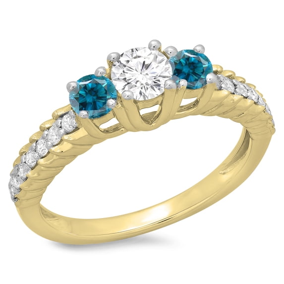 1.00 Carat (ctw) 10K Yellow Gold Round Cut Blue & White Diamond Ladies Bridal 3 Stone Engagement Ring 1 CT