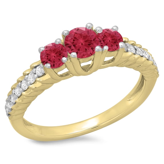 1.00 Carat (ctw) 10K Yellow Gold Round Cut Red Ruby & White Diamond Ladies Bridal 3 Stone Engagement Ring 1 CT