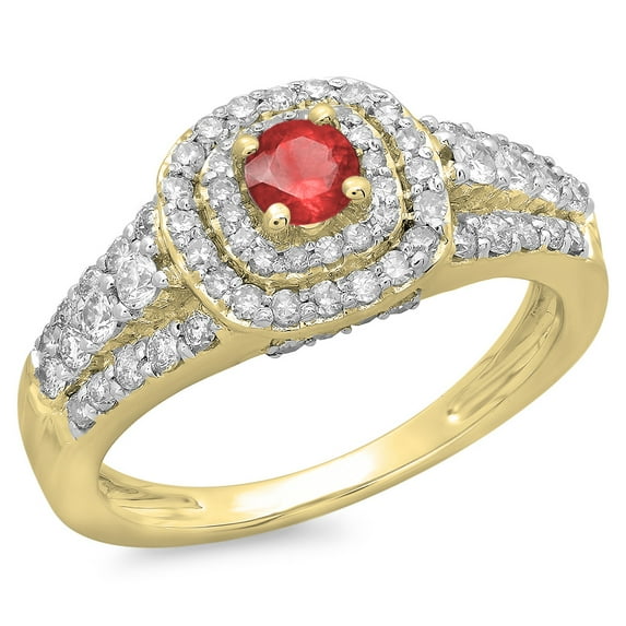 1.00 Carat (ctw) 10K Yellow Gold Round Cut Red Ruby & White Diamond Ladies Vintage Style Bridal Halo Engagement Ring 1 C