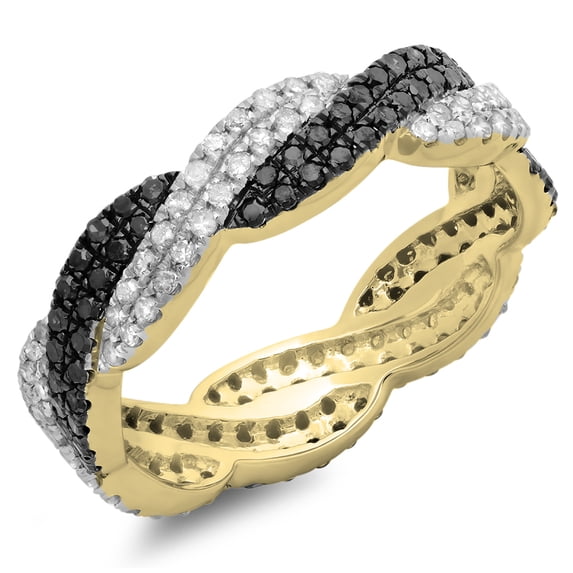 1.00 Carat (ctw) 10K Yellow Gold Round Cut White & Black Diamond Ladies Bridal Stackable Swirl Anniversary Wedding Band