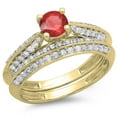 thumbnail image 1 of 1.00 Carat (ctw) 10K Yellow Gold Round Red Ruby & White Diamond Ladies Bridal Engagement Ring With Matching Band Set 1 C, 1 of 1