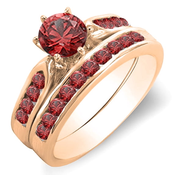 1.00 Carat (ctw) 10k Rose Gold Round Ruby Ladies Bridal Engagement Ring Set With Matching Band 1 CT