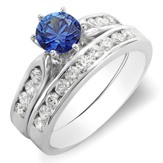 1.00 Carat (ctw) 10k White Gold Round Blue Sapphire & White Diamond Ladies Bridal Engagement Ring Set With Matching Band