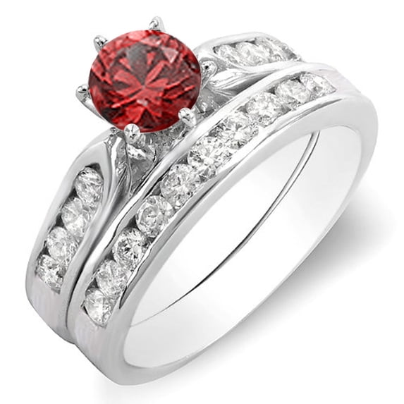 1.00 Carat (ctw) 10k White Gold Round Red Ruby & White Diamond Ladies Bridal Engagement Ring Set With Matching Band 1 CT