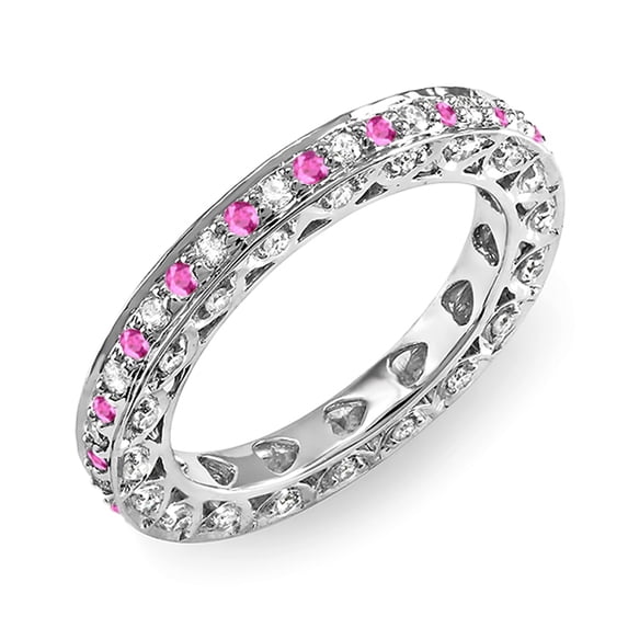 1.00 Carat (ctw) 10k White Gold Round White Diamond & Pink Sapphire Ladies Eternity Anniversary Wedding Band Stackable R