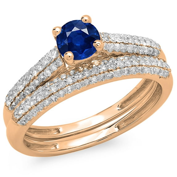 1.00 Carat (ctw) 14K Rose Gold Round Blue Sapphire & White Diamond Ladies Bridal Engagement Ring With Matching Band Set