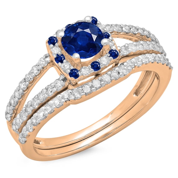 1.00 Carat (ctw) 14K Rose Gold Round Blue Sapphire & White Diamond Ladies Split Shank Halo Bridal Engagement Ring With M