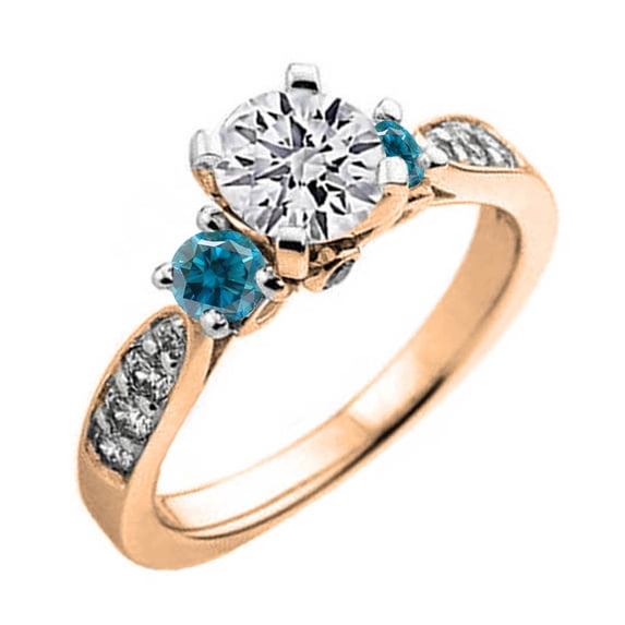 1.00 Carat (ctw) 14K Rose Gold Round Blue & White Diamond Ladies 3 Stone Bridal Engagement Ring 1 CT