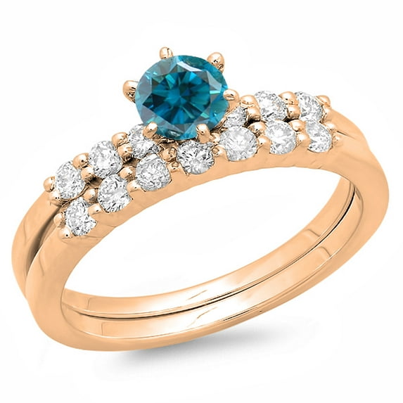 1.00 Carat (ctw) 14K Rose Gold Round Blue & White Diamond Ladies Bridal Engagement Ring With Matching Band Set 1 CT