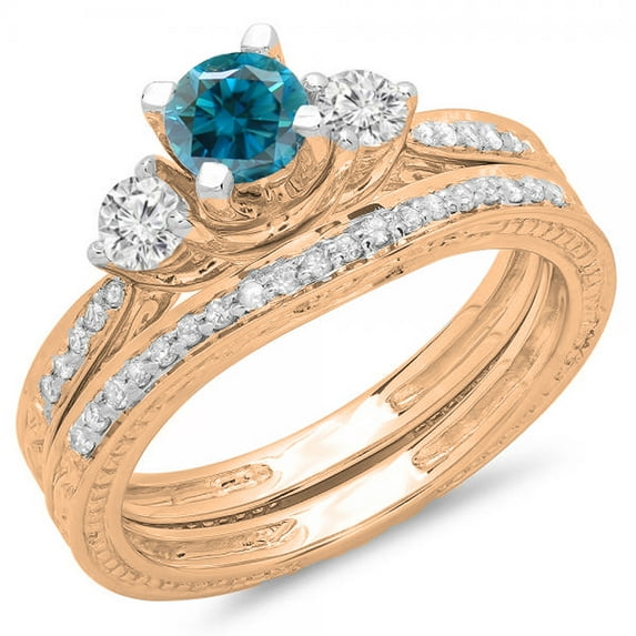 1.00 Carat (ctw) 14K Rose Gold Round Blue & White Diamond Ladies Vintage 3 Stone Bridal Engagement Ring With Matching Ba