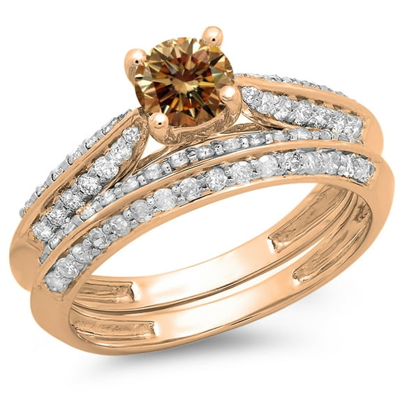 1.00 Carat (ctw) 14K Rose Gold Round Champagne & White Diamond Ladies Bridal Engagement Ring With Matching Band Set 1 CT