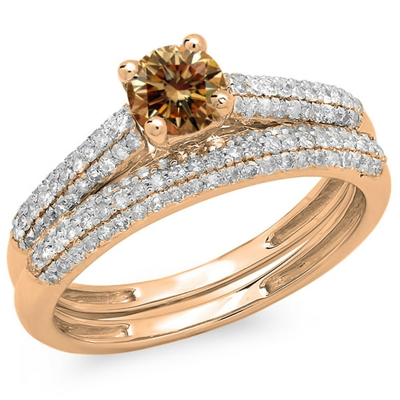 1.00 Carat (ctw) 14K Rose Gold Round Champagne & White Diamond Ladies Bridal Engagement Ring With Matching Band Set 1 CT