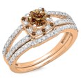 thumbnail image 1 of 1.00 Carat (ctw) 14K Rose Gold Round Champagne & White Diamond Ladies Split Shank Halo Bridal Engagement Ring With Match, 1 of 1