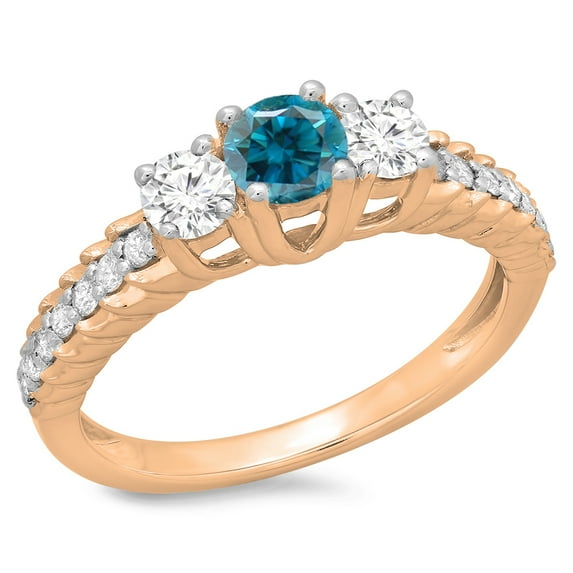 1.00 Carat (ctw) 14K Rose Gold Round Cut Blue & White Diamond Ladies Bridal 3 Stone Engagement Ring 1 CT