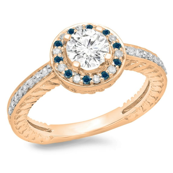 1.00 Carat (ctw) 14K Rose Gold Round Cut Blue & White Diamond Ladies Bridal Vintage Halo Style Engagement Ring 1 CT