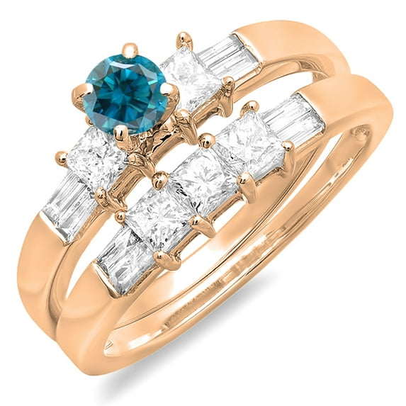 1.00 Carat (ctw) 14K Rose Gold Round Princess & Baguette Cut Blue & White Diamond Ladies Bridal Engagement Ring Set 1 CT
