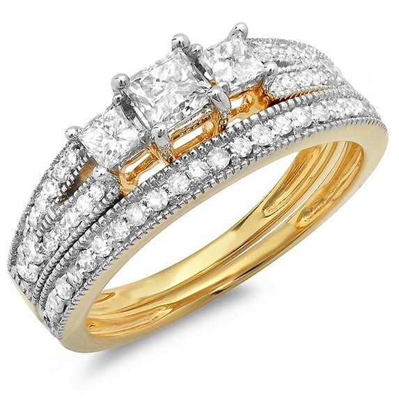 1.00 Carat (ctw) 14k Gold Princess Cut 3 Stone Diamond Ladies Engagement Bridal Ring Set Matching Band 1 CT