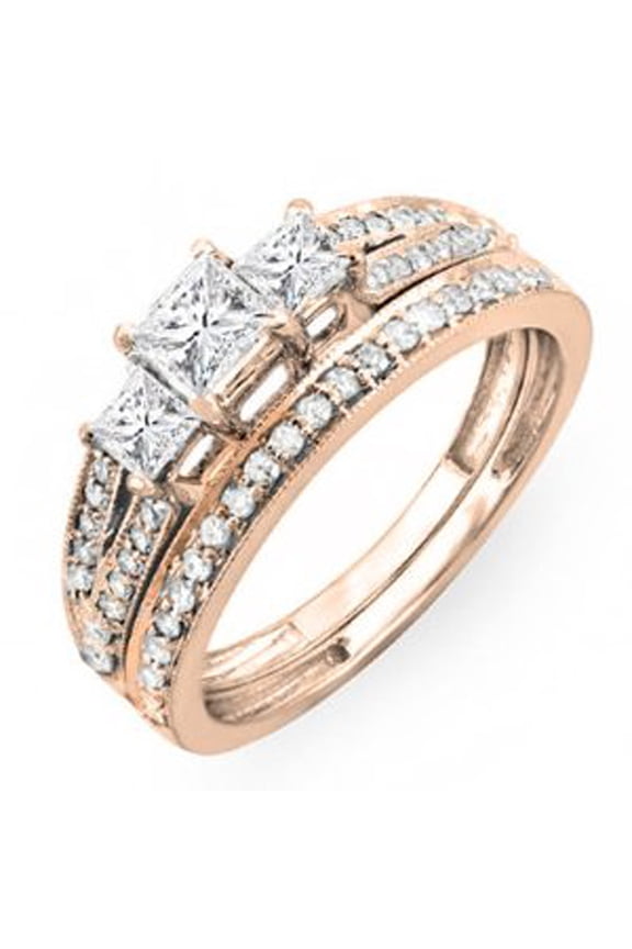 1.00 Carat (ctw) 14k Gold Princess Cut 3 Stone Diamond Ladies Engagement Bridal Ring Set Matching Band 1 CT