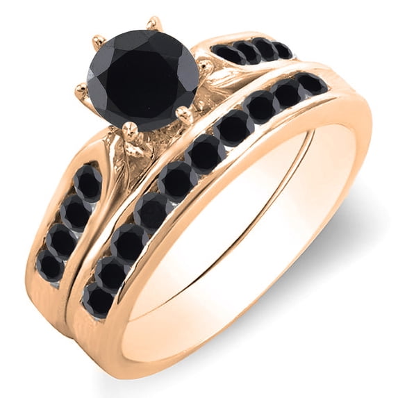 1.00 Carat (ctw) 14k Rose Gold Round Black Diamond Ladies Bridal Engagement Ring Set With Matching Band 1 CT