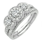 DAZZLING ROCK 1.00 Carat (ctw) 14k White Gold Round Cut 3 Stone Diamond Ladies Engagement Ring Matching Band Set
