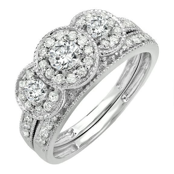 1.00 Carat (ctw) 14k White Gold Round Cut 3 Stone Diamond Ladies Engagement Ring Matching Band Set