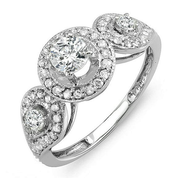 1.00 Carat (ctw) 14k White Gold Round Diamond 3 stone Halo Style Vintage Bridal Engagement Ring 1 CT