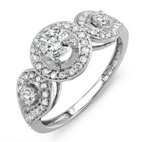 1.00 Carat (ctw) 14k White Gold Round Diamond 3 stone Halo Style Vintage Bridal Engagement Ring 1 CT