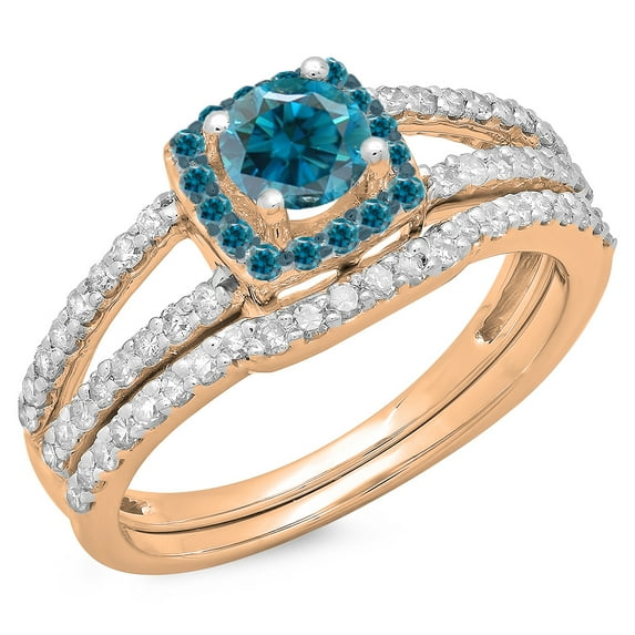 1.00 Carat (ctw) 18K Rose Gold Round Blue & White Diamond Ladies Split Shank Halo Bridal Engagement Ring With Matching B