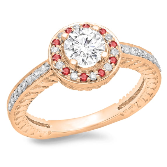 1.00 Carat (ctw) 18K Rose Gold Round Cut Ruby & White Diamond Ladies Bridal Vintage Halo Style Engagement Ring 1 CT