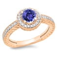 thumbnail image 1 of 1.00 Carat (ctw) 18K Rose Gold Round Cut Tanzanite & White Diamond Ladies Bridal Vintage Halo Style Engagement Ring 1 CT, 1 of 1