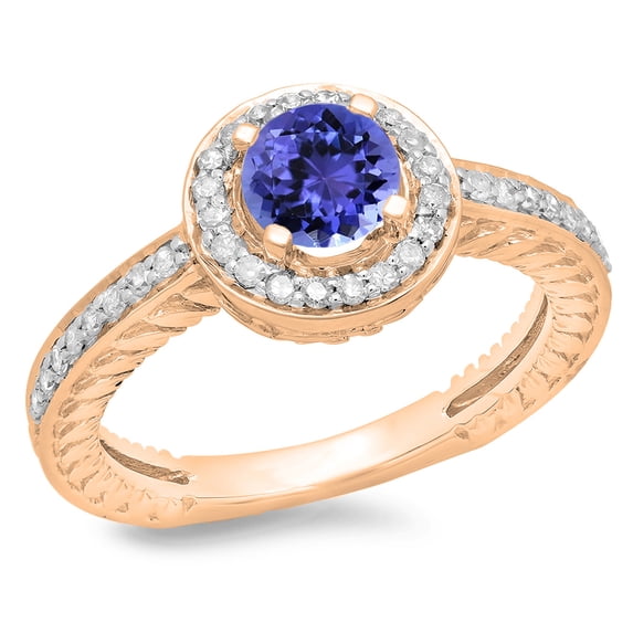 1.00 Carat (ctw) 18K Rose Gold Round Cut Tanzanite & White Diamond Ladies Bridal Vintage Halo Style Engagement Ring 1 CT