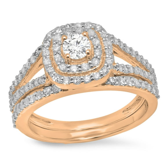 1.00 Carat (ctw) 18K Rose Gold Round Cut White Diamond Ladies Bridal Split Shank Halo Engagement Ring With Matching Band