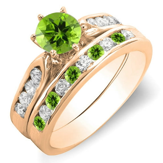 1.00 Carat (ctw) 18K Rose Gold Round Peridot & White Diamond Ladies Bridal Engagement Ring Set With Matching Band 1 CT