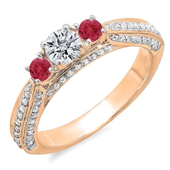 1.00 Carat (ctw) 18K Rose Gold Round Ruby & White Diamond Ladies Bridal Engagement Ring 1 CT