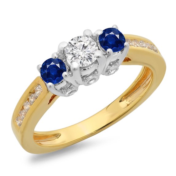 1.00 Carat (ctw) 18K Two Tone Gold Round Cut Blue Sapphire & White Diamond Ladies 3 Stone Bridal Engagement Ring 1 CT