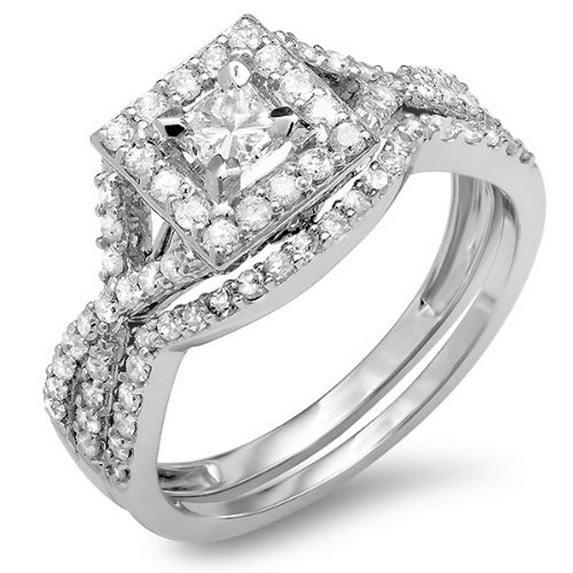 1.00 Carat (ctw) 18K White Gold Princess & Round Cut Diamond Ladies Twisted Split Shank Bridal Halo Engagement Ring With