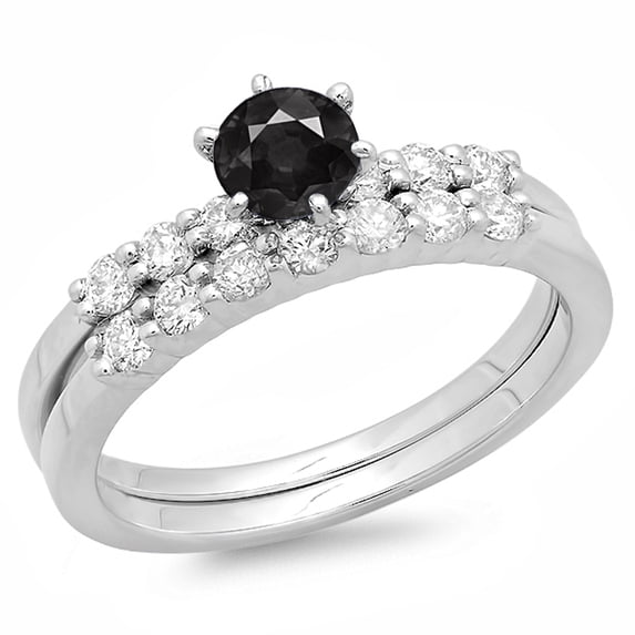 1.00 Carat (ctw) 18K White Gold Round Black & White Diamond Ladies Bridal Engagement Ring With Matching Band Set 1 CT
