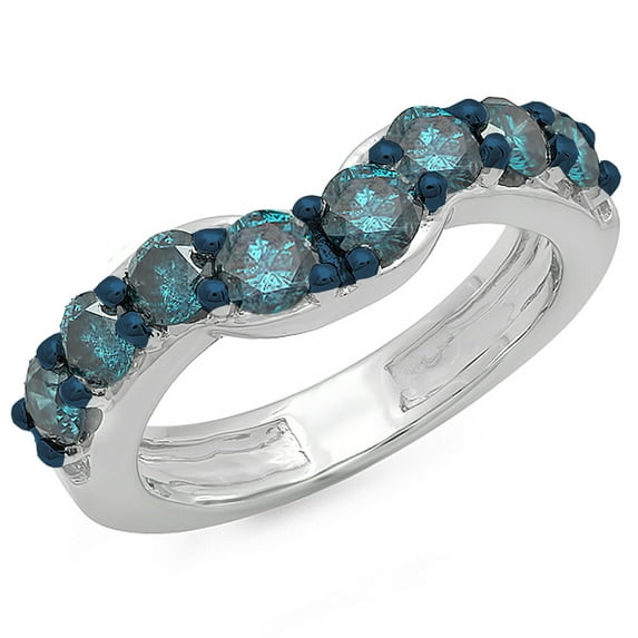 1.00 Carat (ctw) 18K White Gold Round Blue Diamond Ladies Anniversary Wedding Band Matching Ring 1 CT