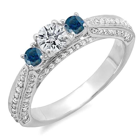 1.00 Carat (ctw) 18K White Gold Round Blue & White Diamond Ladies Bridal Engagement Ring 1 CT