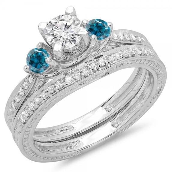 1.00 Carat (ctw) 18K White Gold Round Blue & White Diamond Ladies Vintage 3 Stone Bridal Engagement Ring With Matching B