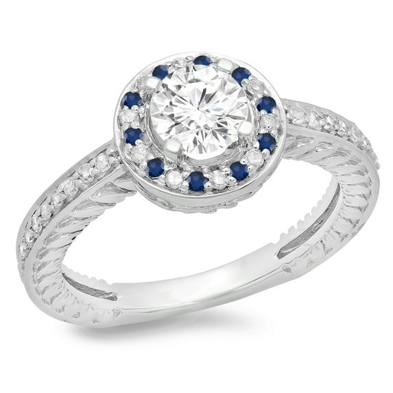 1.00 Carat (ctw) 18K White Gold Round Cut Blue Sapphire & White Diamond Ladies Bridal Vintage Halo Style Engagement Ring