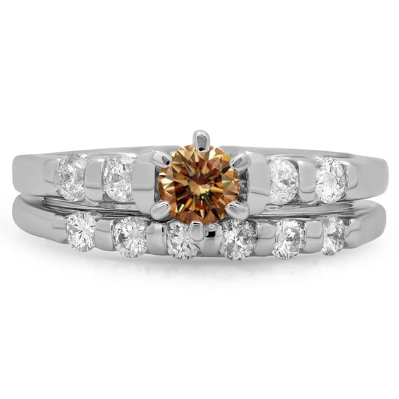 1.00 Carat (ctw) 18K White Gold Round Cut Champagne & White Diamond Ladies Bridal Solitaire With Accents Engagement Ring