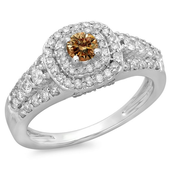 1.00 Carat (ctw) 18K White Gold Round Cut Champagne & White Diamond Ladies Vintage Style Bridal Halo Engagement Ring 1 C