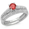 thumbnail image 1 of 1.00 Carat (ctw) 18K White Gold Round Red Ruby & White Diamond Ladies Bridal Engagement Ring With Matching Band Set 1 CT, 1 of 1