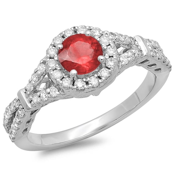 1.00 Carat (ctw) 18K White Gold Round Red Ruby & White Diamond Ladies Split Shank Bridal Engagement Halo Ring 1 CT