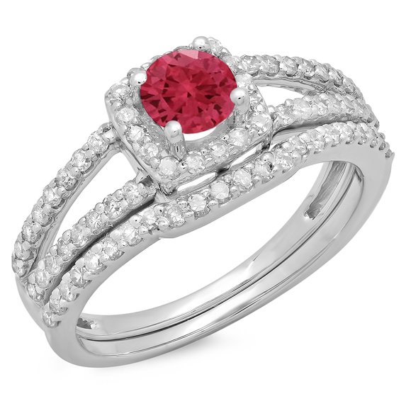 1.00 Carat (ctw) 18K White Gold Round Red Ruby & White Diamond Ladies Split Shank Halo Bridal Engagement Ring With Match