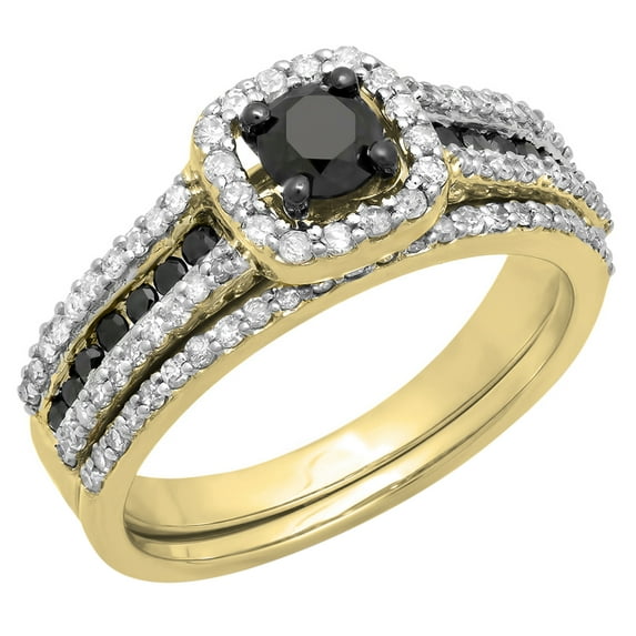 1.00 Carat (ctw) 18K Yellow Gold Round Black And White Diamond Ladies Bridal Halo Style Engagement Ring With Wedding Ban