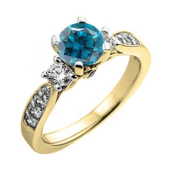 1.00 Carat (ctw) 18K Yellow Gold Round Blue & White Diamond Ladies 3 Stone Bridal Engagement Ring 1 CT