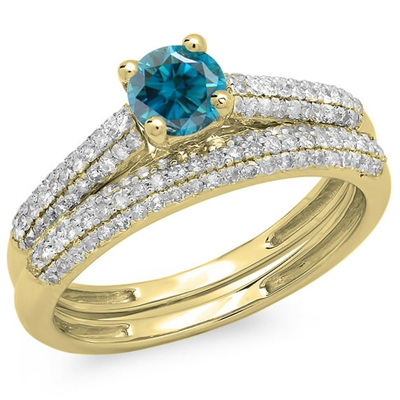1.00 Carat (ctw) 18K Yellow Gold Round Blue & White Diamond Ladies Bridal Engagement Ring With Matching Band Set 1 CT