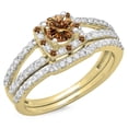 thumbnail image 1 of 1.00 Carat (ctw) 18K Yellow Gold Round Champagne & White Diamond Ladies Split Shank Halo Bridal Engagement Ring With Mat, 1 of 1
